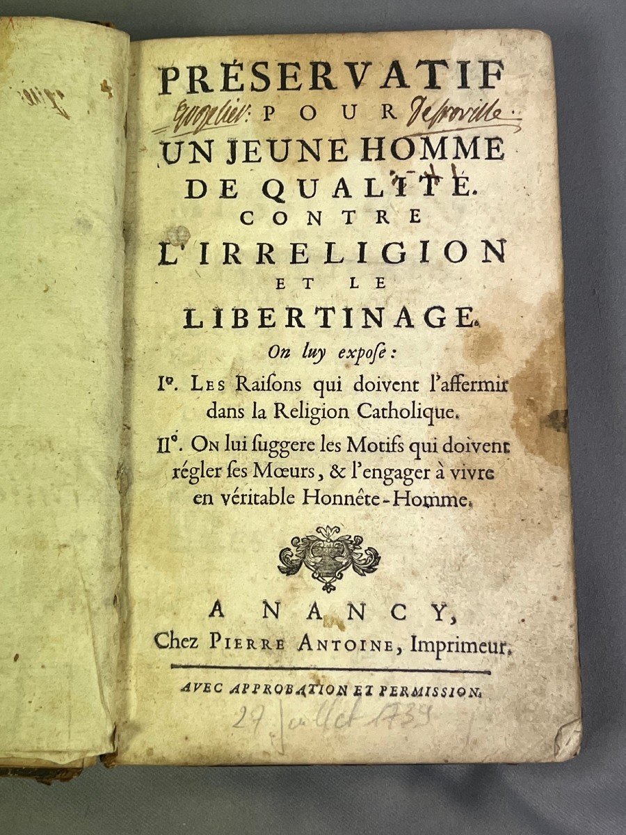 PRESERVATIF POUR UN JEUNE HOMME DE QUALITE CONTRE L'IRRELIGION ET LE LIBERTINAGE. NANCY 1739