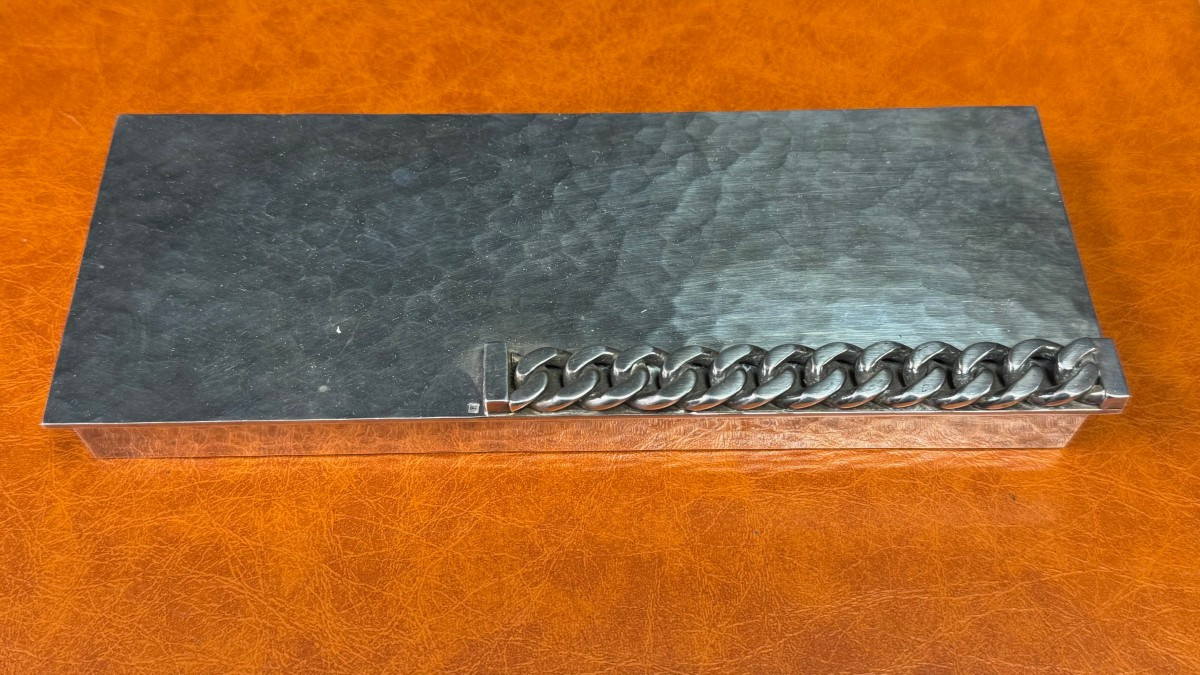 Gourmette Box In Hammered Silver Metal And Signed Jean Després 22.5 X 8.7 Cm, Weight 925g