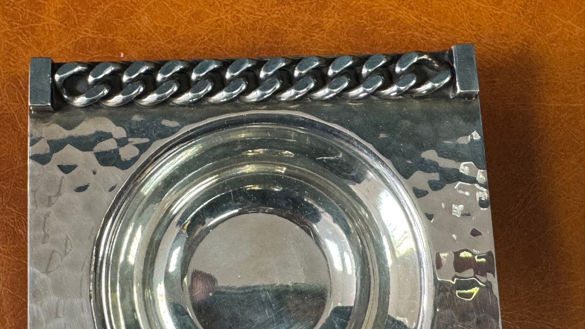 Hammered Silver Metal Ashtray Signed Jean Després 10.5 X 10.5 Cm, Weight 180g-photo-4