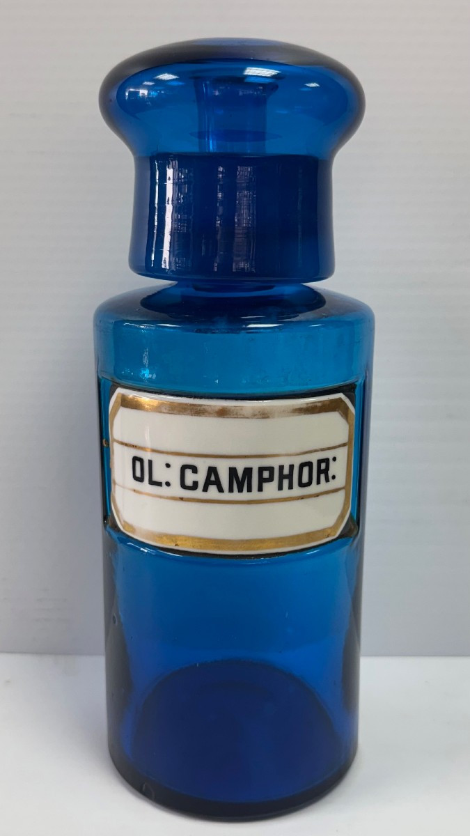 Pot De Pharmacie Bleu Avec Plaque De Porcelaine XIX°