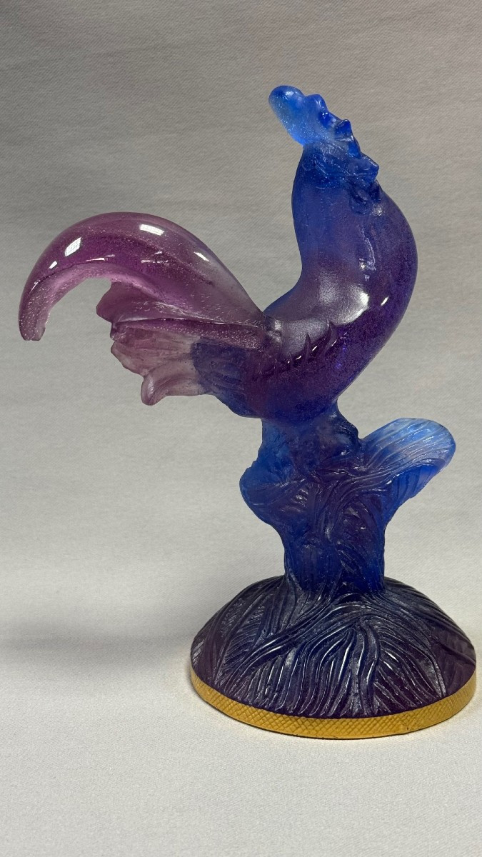 Daum: Rooster On A Gilded Base From Daum In Nancy With Its Box-photo-6