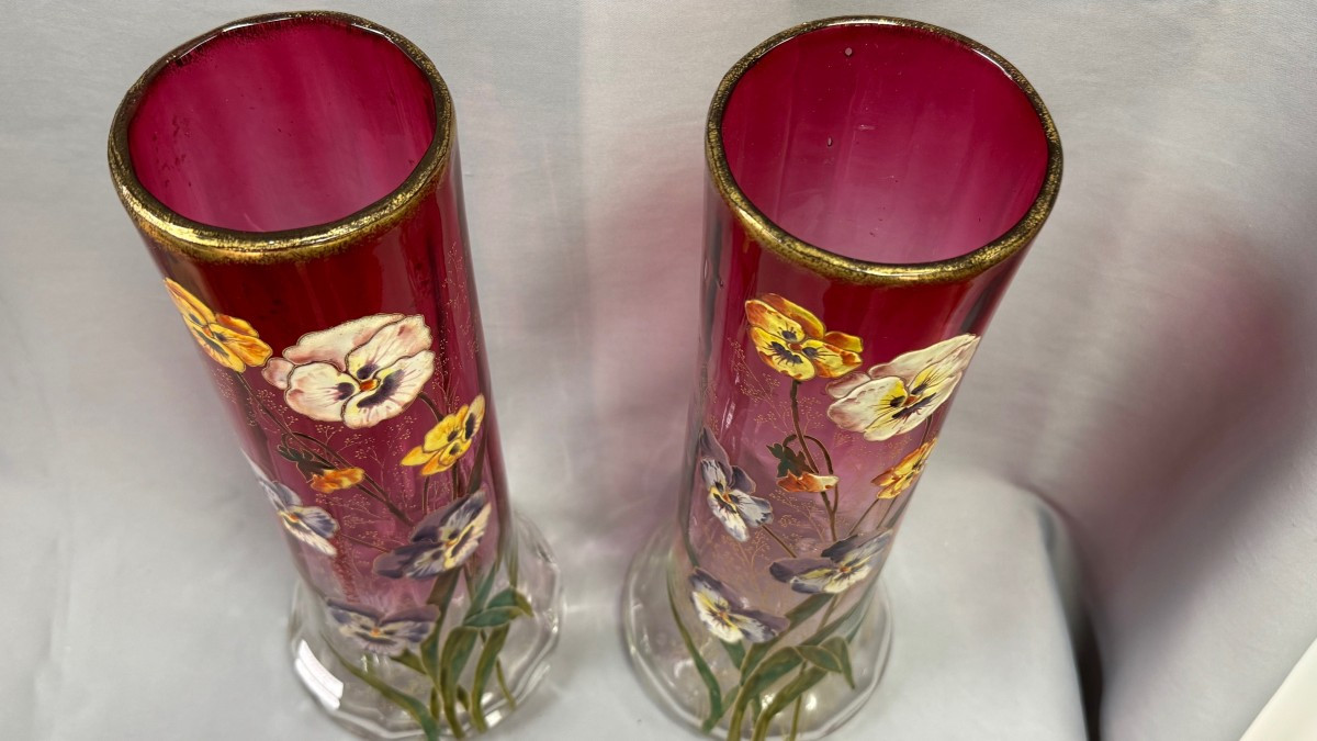 Legras: Pair Of Legras Enameled Vases, Lamartine Model Reference 18 Page 186 (1st Catalog) -photo-6