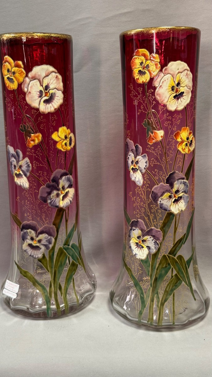 Legras: Pair Of Legras Enameled Vases, Lamartine Model Reference 18 Page 186 (1st Catalog) 