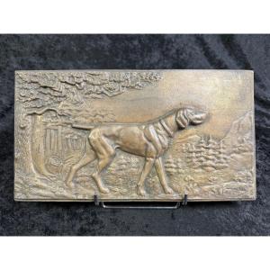 CHASSE BRONZE PLAQUE DE CHIEN DE CHASSE REGARDANT A DROITE 34 X 19 