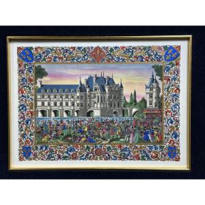 Miniature On Porcelain Of The Château De Chenonceuaux By Jean Gradassi (framed 44 X37 Cm)