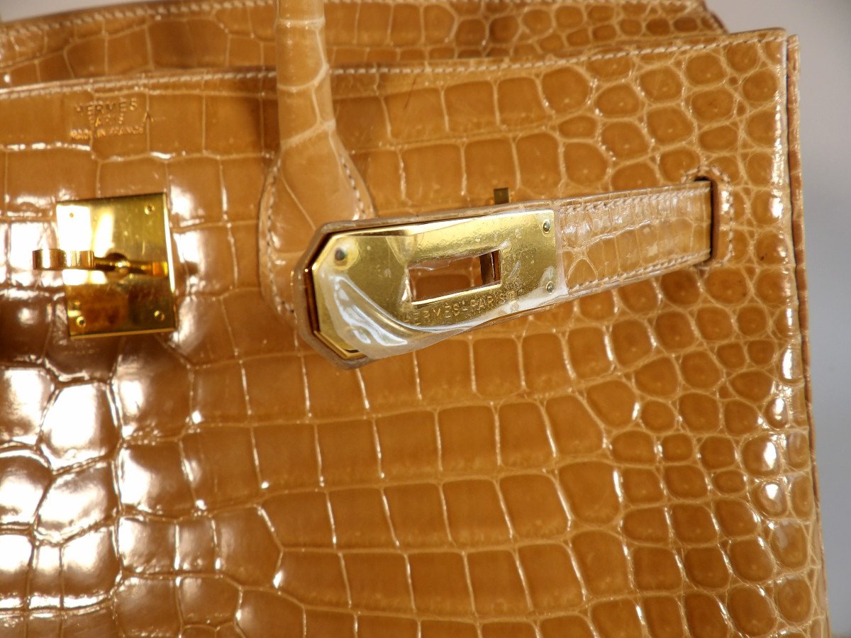 Sac à main Hermès "Birkin 35" en crocodile Porosus Beige-photo-4