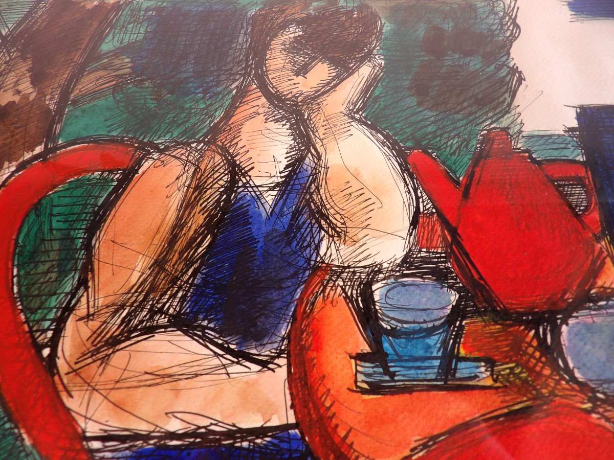  "L'Heure du Thé" 1930 de Marcel GROMAIRE - Aquarelle et Encre de Chine-photo-2