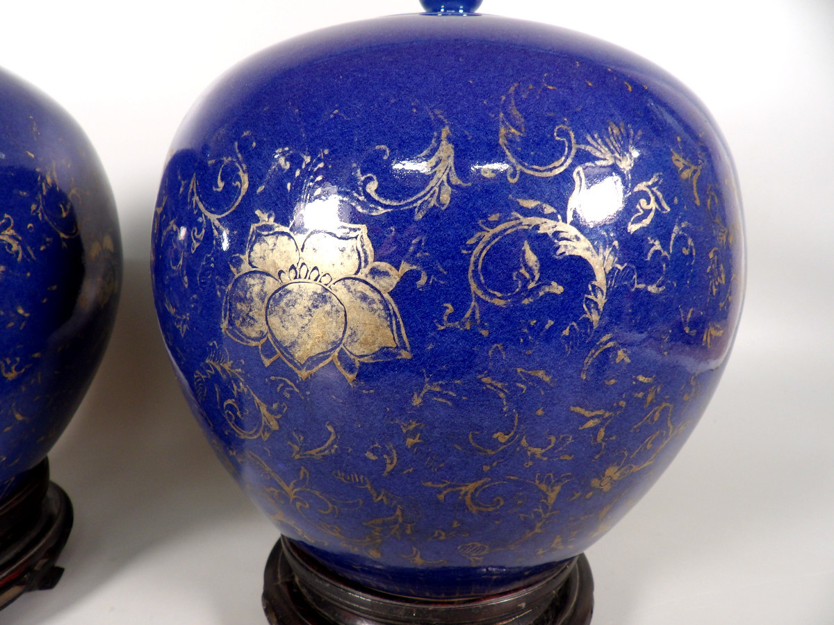 Ensemble de 2 grands Pots à couvercle Asiatiques en Céramique Émaillée-photo-4