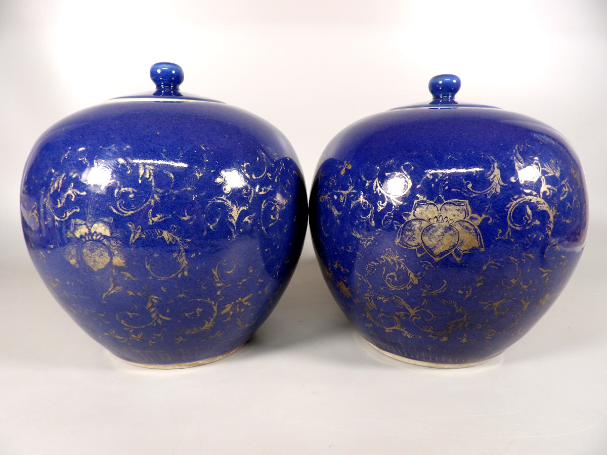 Ensemble de 2 grands Pots à couvercle Asiatiques en Céramique Émaillée-photo-3