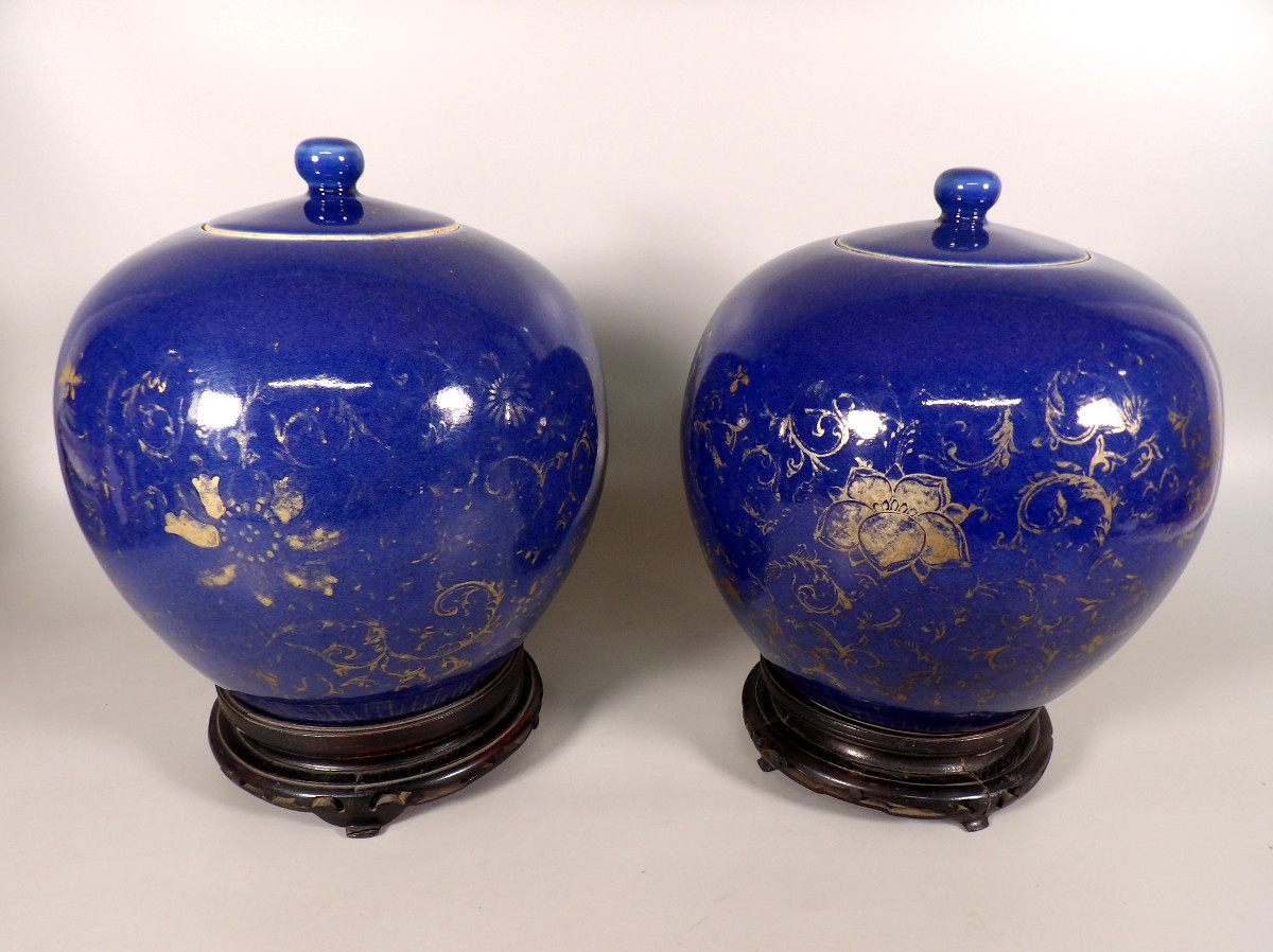 Ensemble de 2 grands Pots à couvercle Asiatiques en Céramique Émaillée