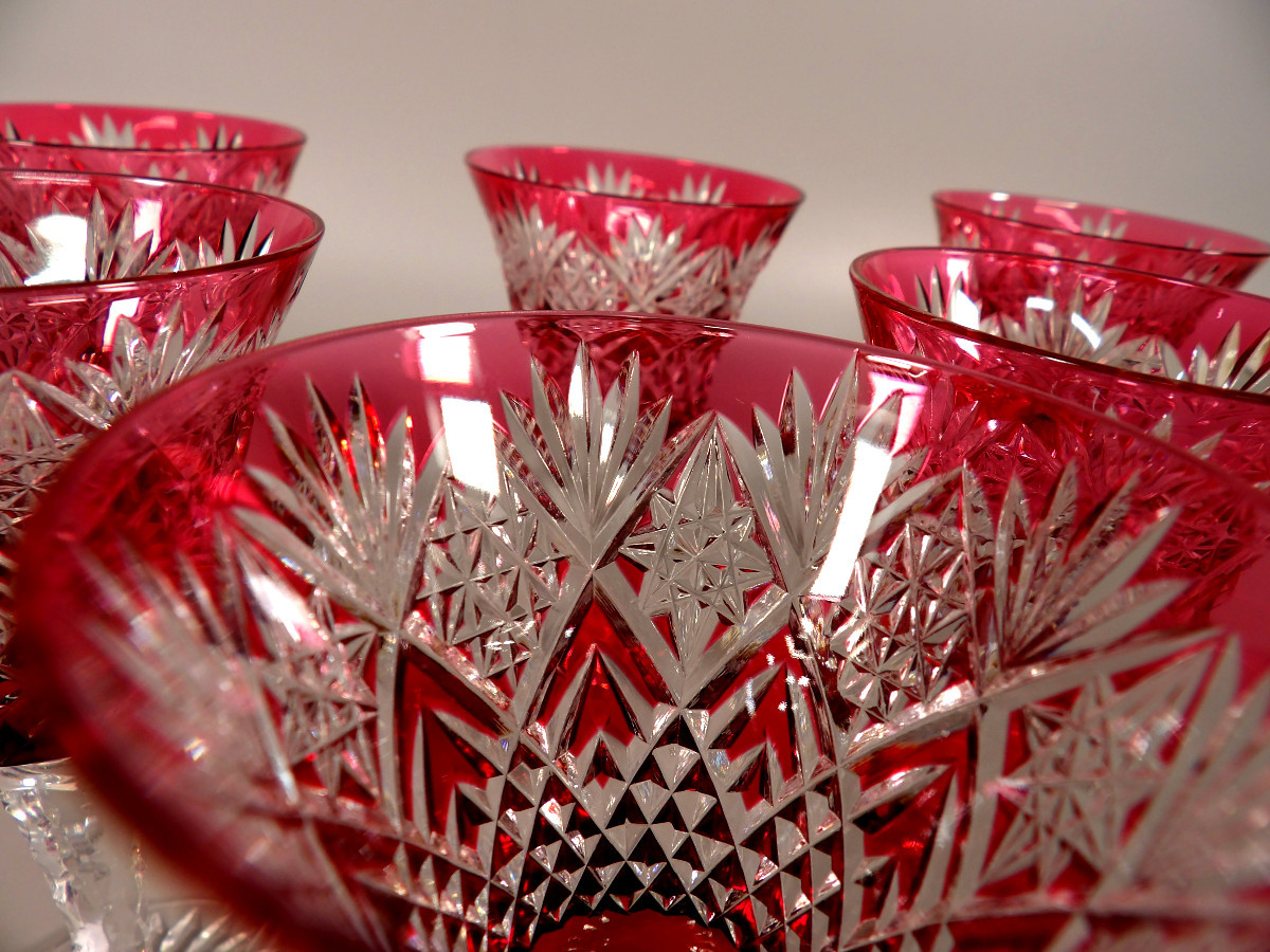 Set Of 6 Red Tinted Crystal White Wine Glasses By St Louis - "musset" Model-photo-6