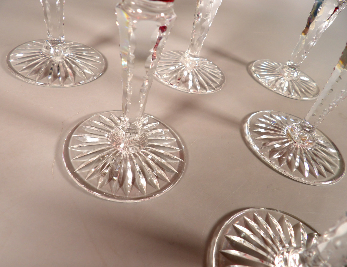 Set Of 6 Red Tinted Crystal White Wine Glasses By St Louis - "musset" Model-photo-7