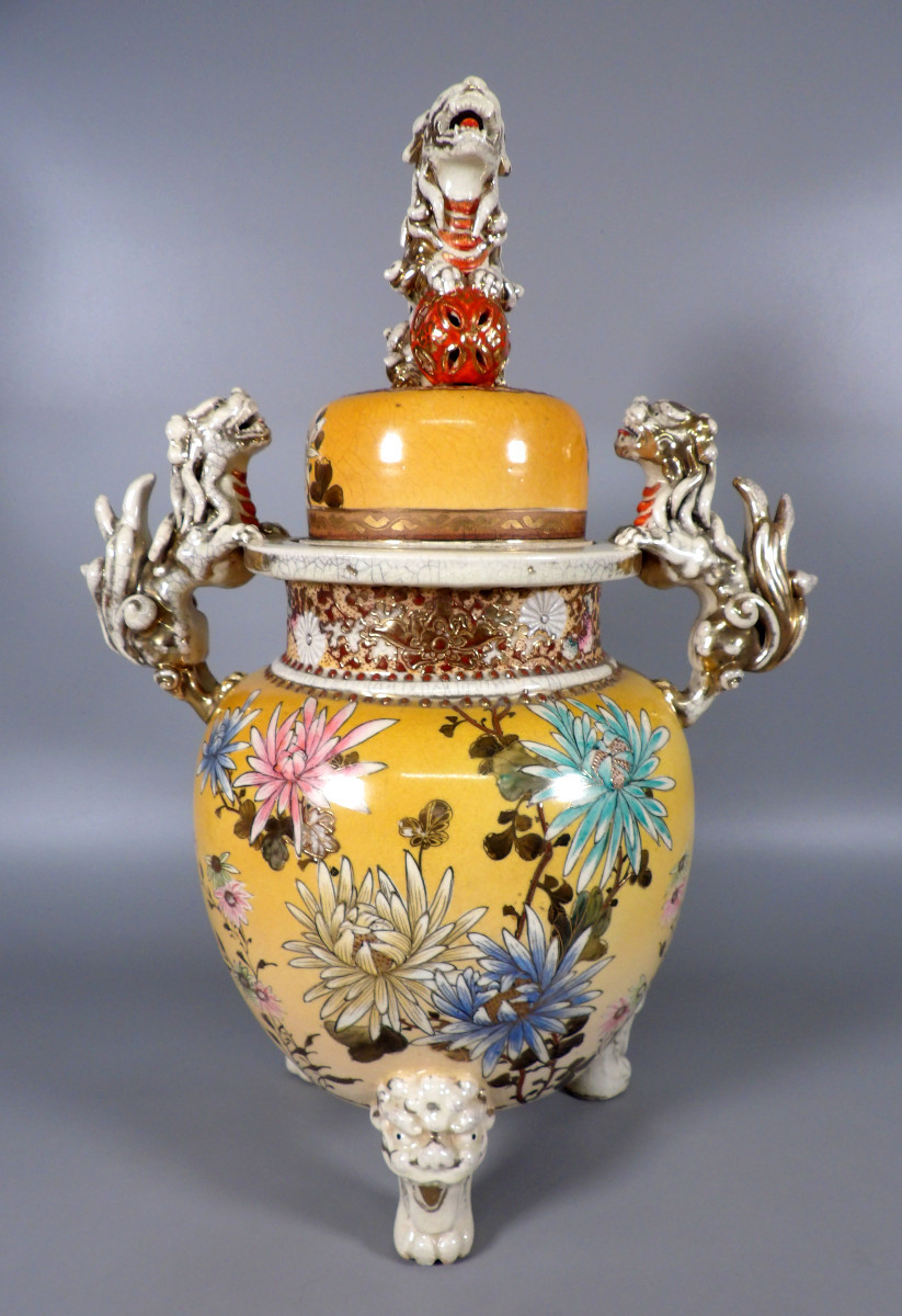Asian Style Glazed Ceramic Tripod Lidded Pot - Signed