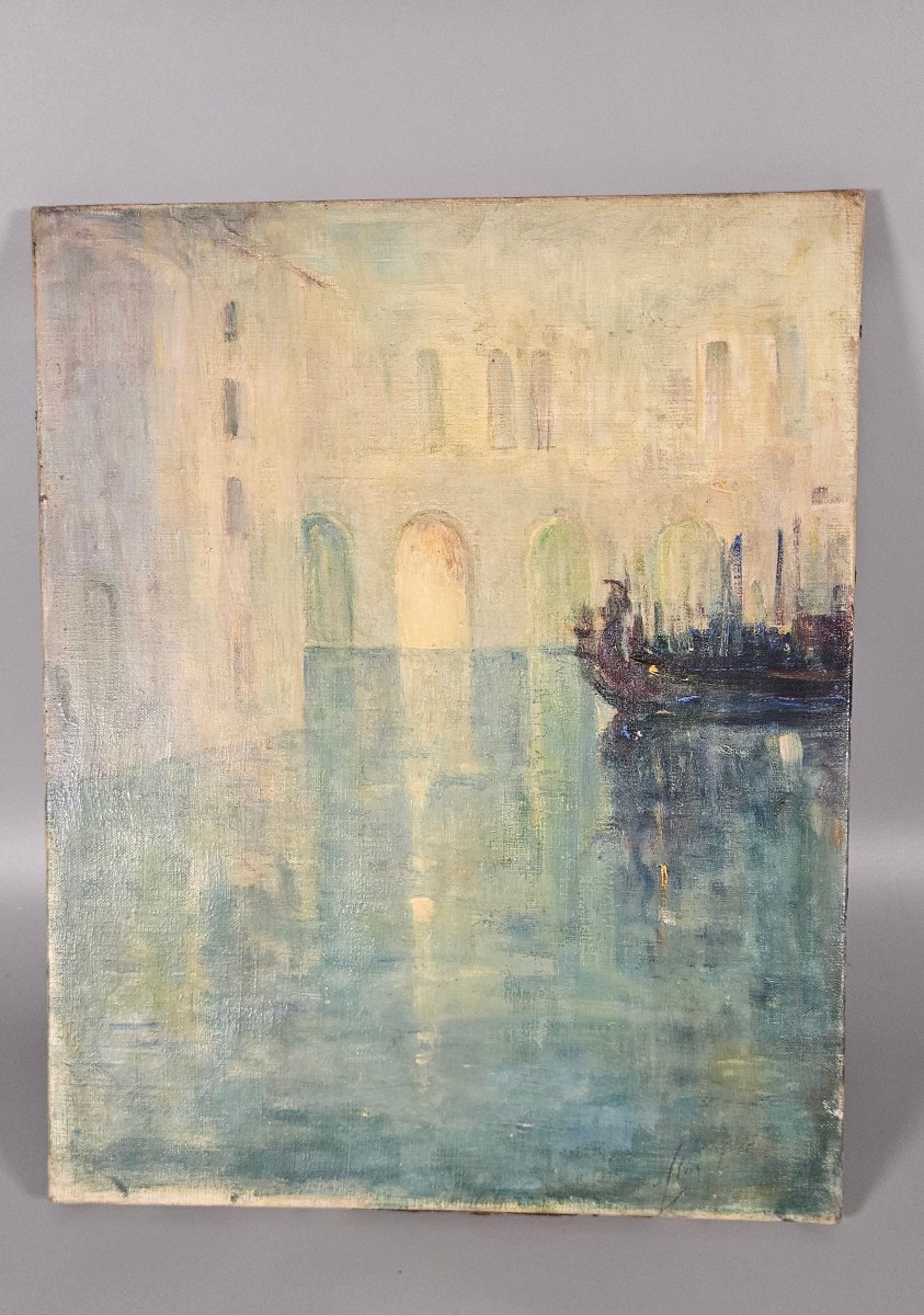 Hst Goil On Canvas – View Of Venice – Signed Alice – Around 1900 él