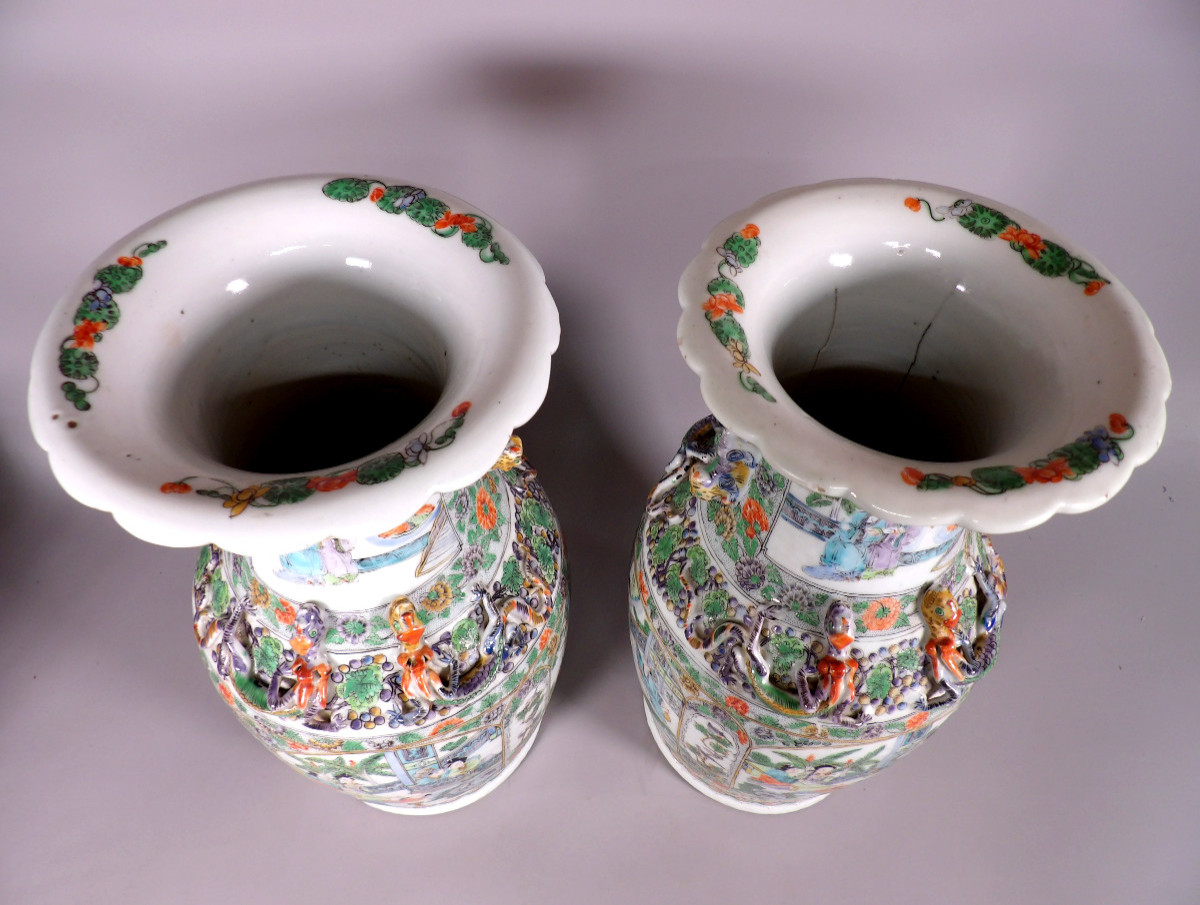 Paire de Vases Canton en Porcelaine de Chine du XIXème-photo-2