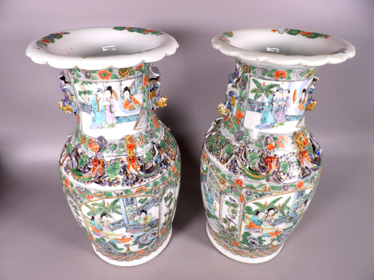 Paire de Vases Canton en Porcelaine de Chine du XIXème-photo-1