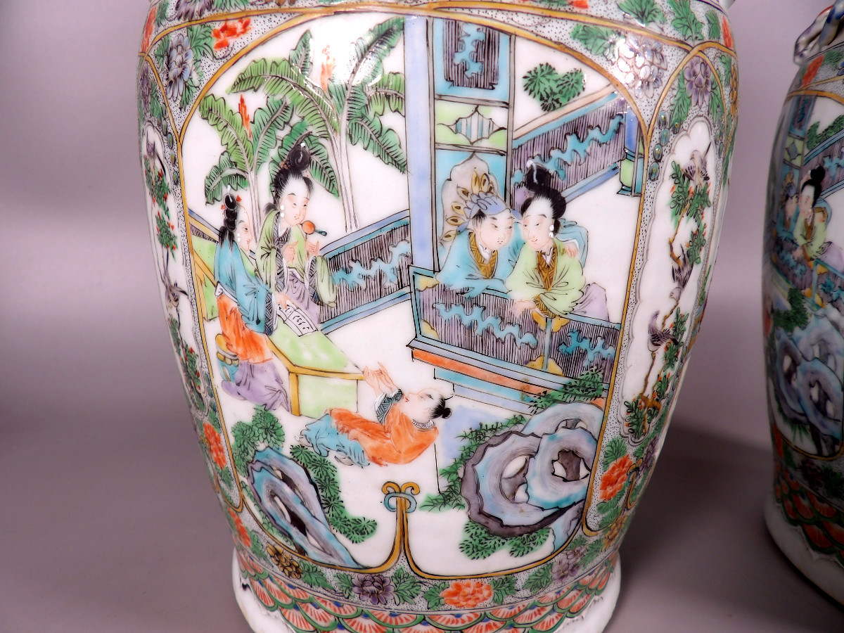 Paire de Vases Canton en Porcelaine de Chine du XIXème-photo-4