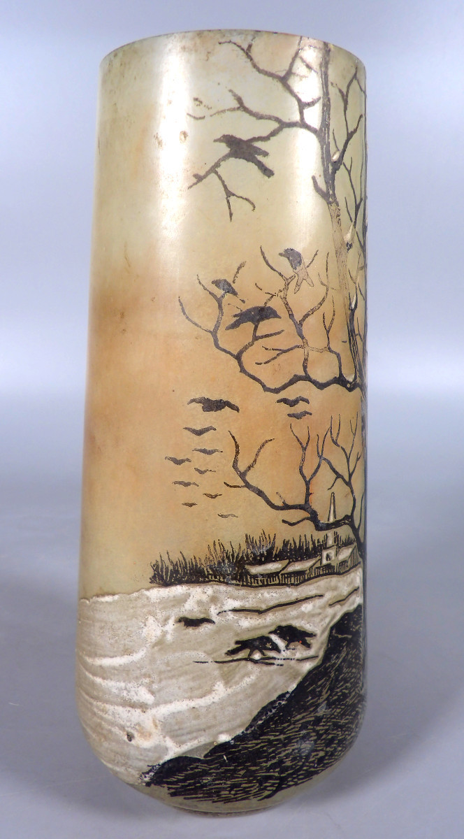 Art Deco Style Vase - Signed Jem - Village On A Winter Background And Crows In Flight-photo-2