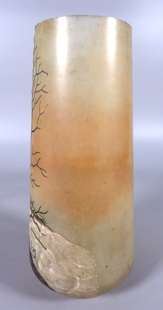 Art Deco Style Vase - Signed Jem - Village On A Winter Background And Crows In Flight-photo-1