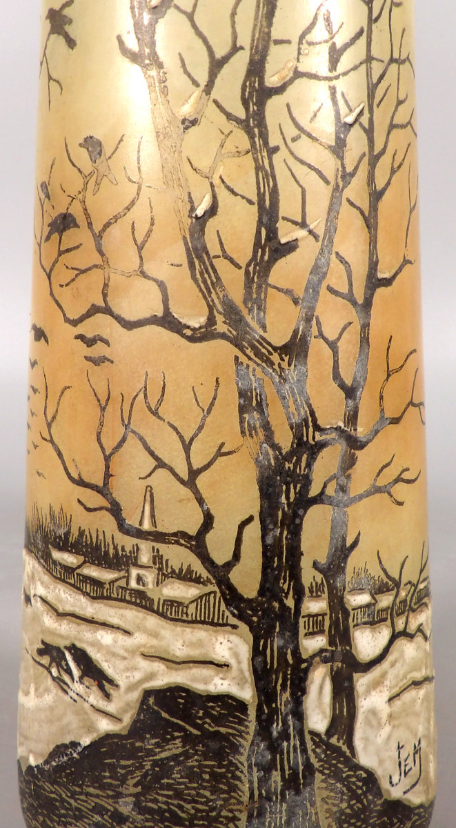Art Deco Style Vase - Signed Jem - Village On A Winter Background And Crows In Flight-photo-4