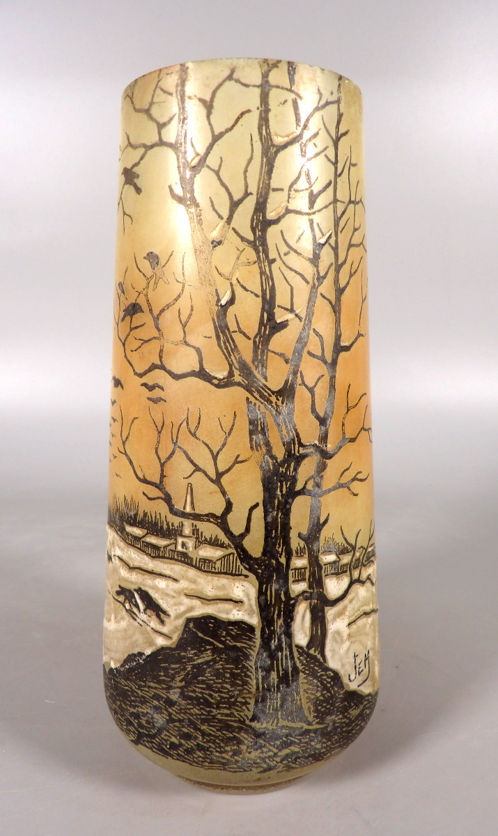 Art Deco Style Vase - Signed Jem - Village On A Winter Background And Crows In Flight