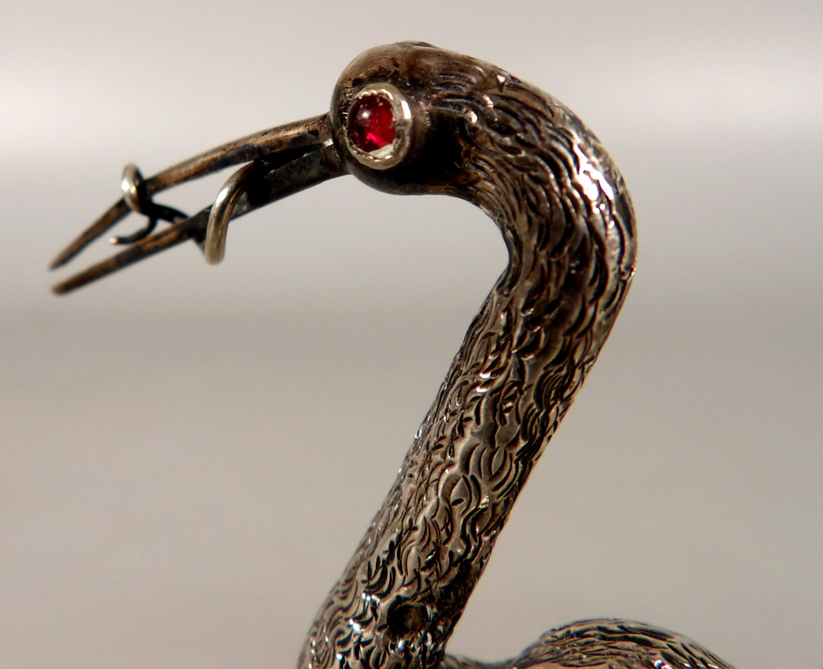 Cigogne en Argent du XIXème aux Yeux Rouge Rubis-photo-3