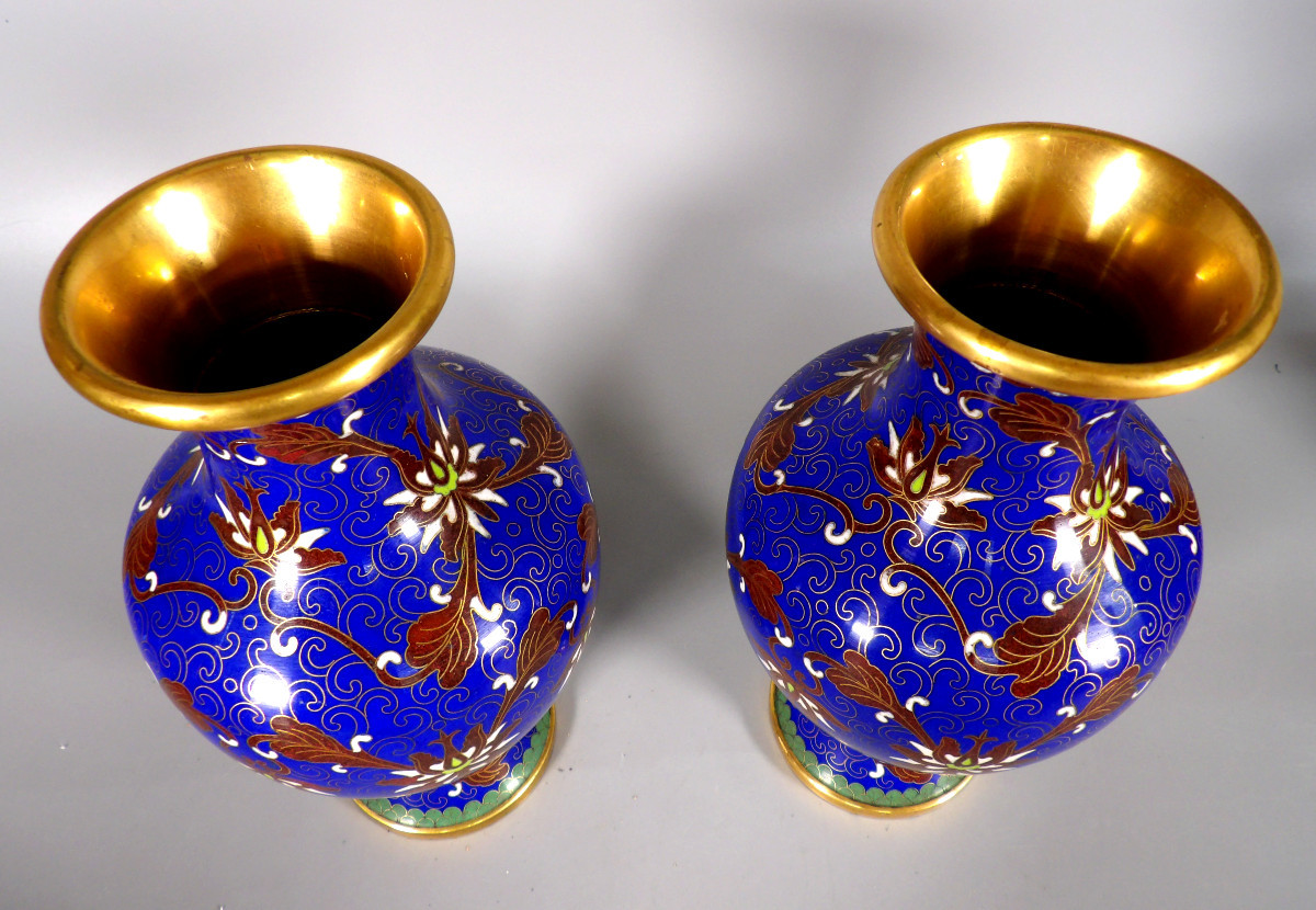 Paire de Vases Chinois en Cloisonné à Motifs de Fleurs et Feuillages Stylisés-photo-1