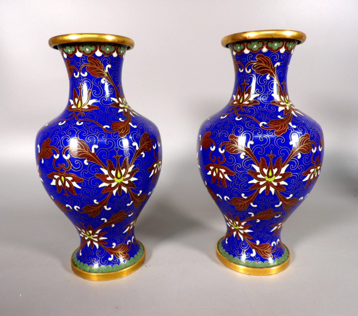 Paire de Vases Chinois en Cloisonné à Motifs de Fleurs et Feuillages Stylisés