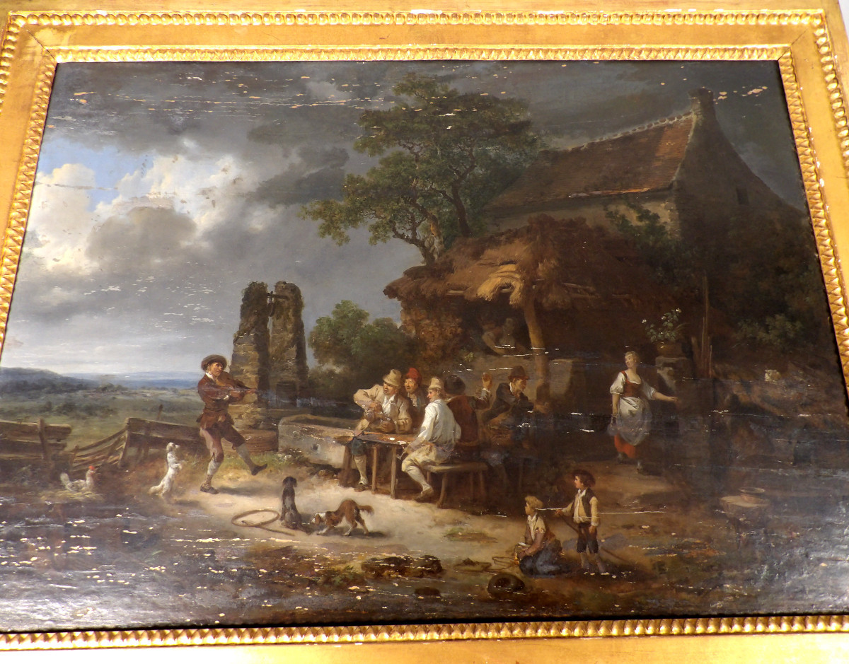 Large Oil On Oak Panel - Scene Of Life In Front Of An Inn - 19th Century Dutch School-photo-2