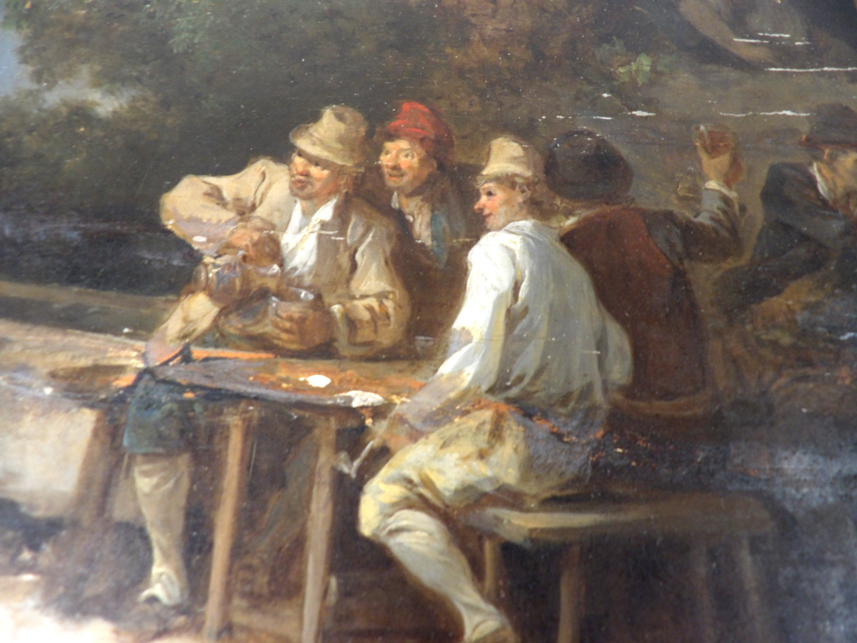 Large Oil On Oak Panel - Scene Of Life In Front Of An Inn - 19th Century Dutch School-photo-3