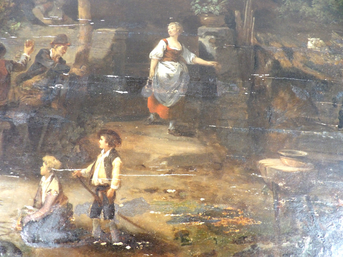 Large Oil On Oak Panel - Scene Of Life In Front Of An Inn - 19th Century Dutch School-photo-1