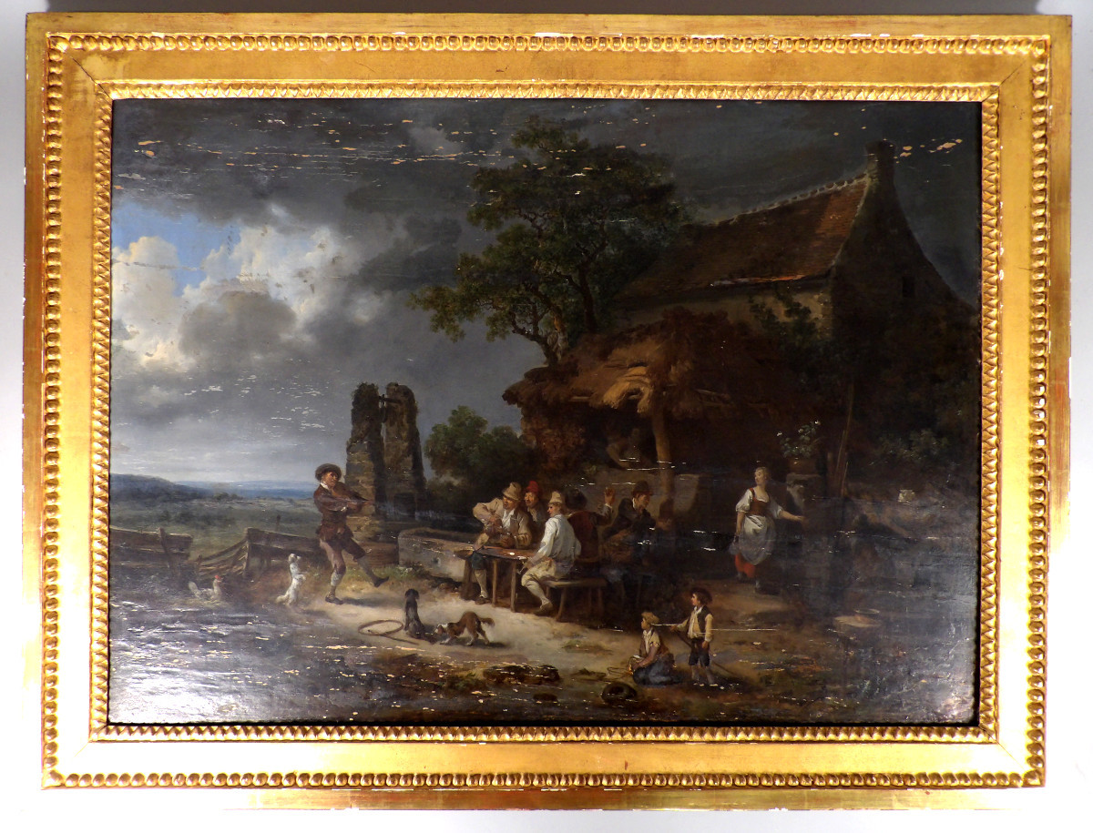 Large Oil On Oak Panel - Scene Of Life In Front Of An Inn - 19th Century Dutch School
