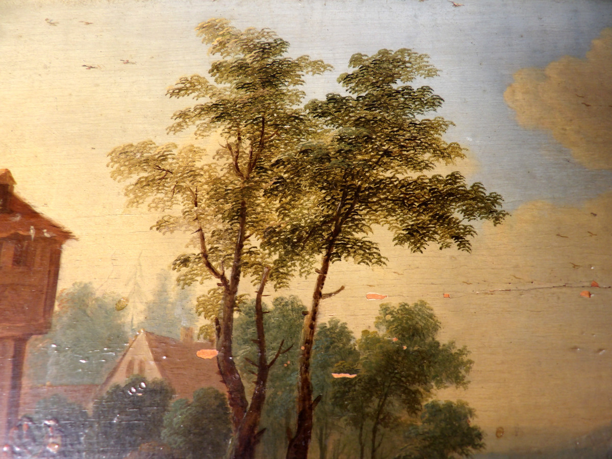 Oil On Wood - Scene Of Rural Life - Flemish School Of The 18th Century-photo-2