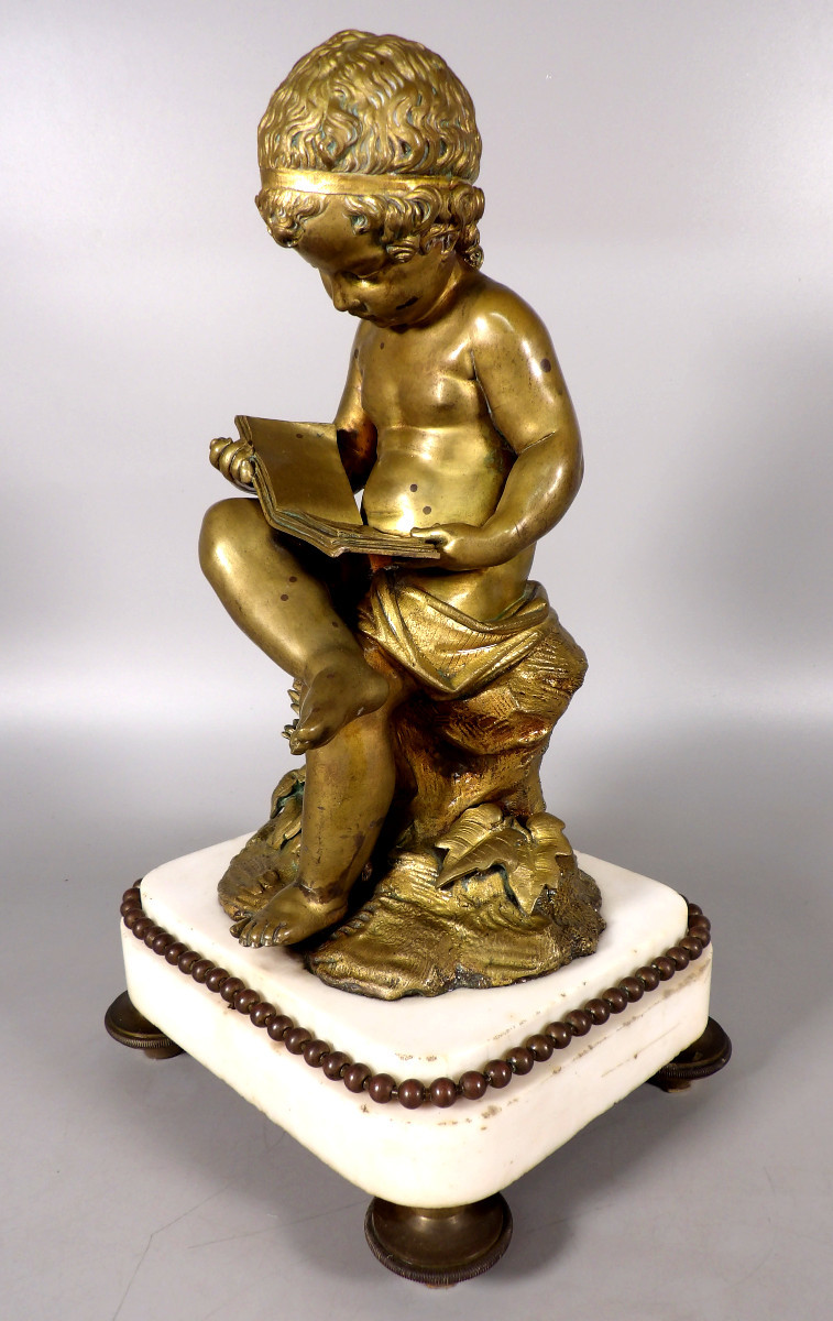 Bronze With A Gilt Patina On A White Marble Base - Studying Child-photo-2