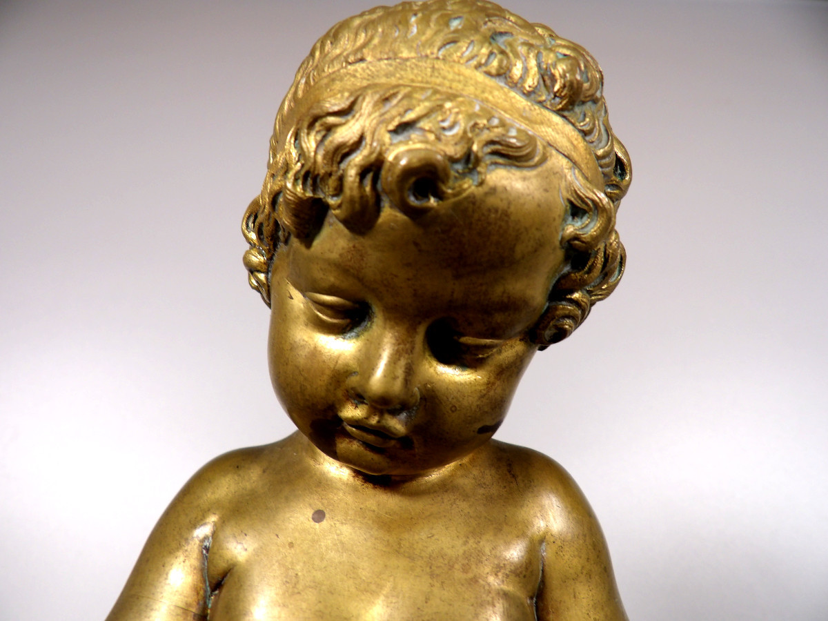 Bronze With A Gilt Patina On A White Marble Base - Studying Child-photo-3