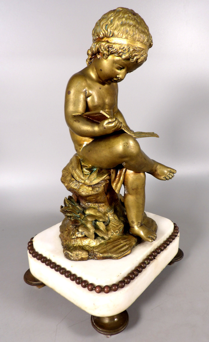 Bronze With A Gilt Patina On A White Marble Base - Studying Child-photo-4