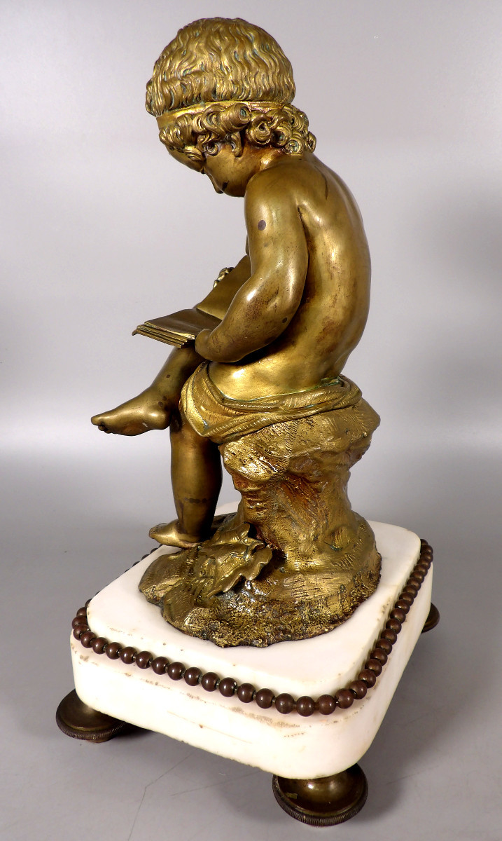 Bronze With A Gilt Patina On A White Marble Base - Studying Child-photo-1