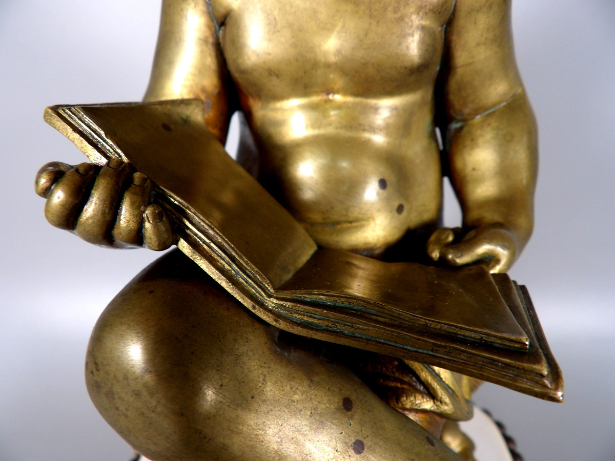 Bronze With A Gilt Patina On A White Marble Base - Studying Child-photo-3