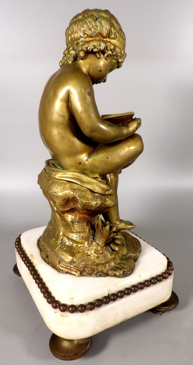 Bronze With A Gilt Patina On A White Marble Base - Studying Child-photo-4