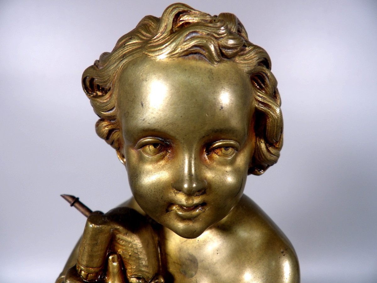 Bronze à Patine Dorée sur Socle en Marbre Blanc fin XIXème - Putti jouant de la Cornemuse-photo-3