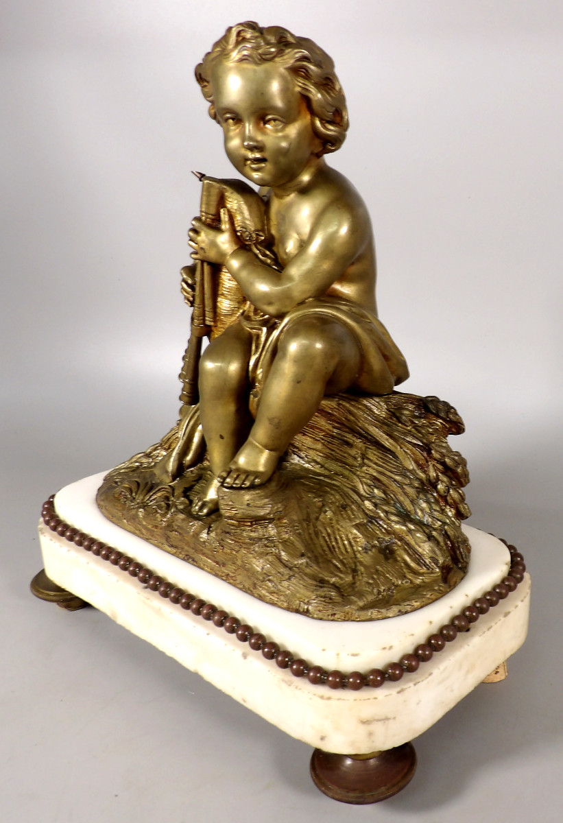 Bronze à Patine Dorée sur Socle en Marbre Blanc fin XIXème - Putti jouant de la Cornemuse-photo-4