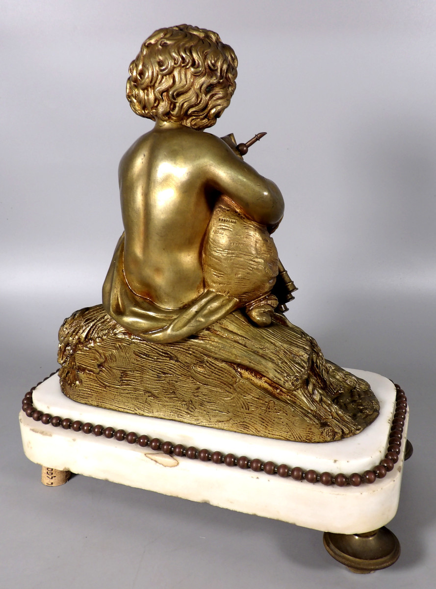 Bronze à Patine Dorée sur Socle en Marbre Blanc fin XIXème - Putti jouant de la Cornemuse-photo-2