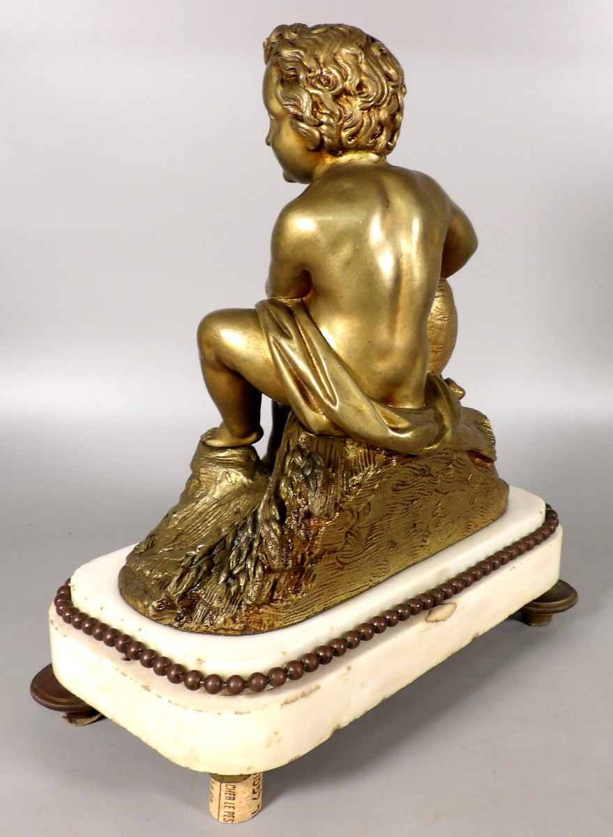 Bronze à Patine Dorée sur Socle en Marbre Blanc fin XIXème - Putti jouant de la Cornemuse-photo-3