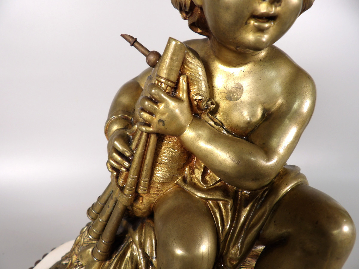 Bronze à Patine Dorée sur Socle en Marbre Blanc fin XIXème - Putti jouant de la Cornemuse-photo-6