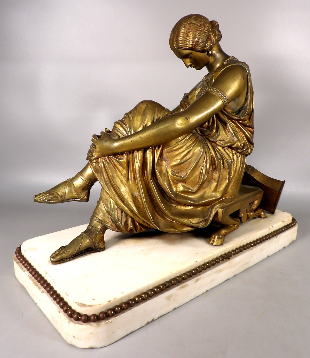Bronze Doré sur Socle en Marbre Blanc fin XIXème - Sapho Assise - D'après James PRADIER-photo-4