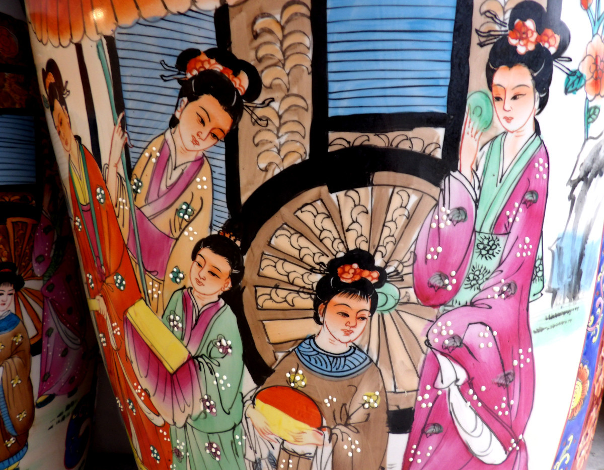 Pair Of Very Large Chinese Vases In Glazed Porcelain With Polychrome Decoration - On Bases-photo-1