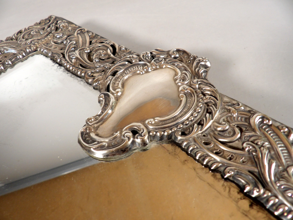 Large Victorian Style Mirror With Openwork And Repoussé Silver Frame-photo-2