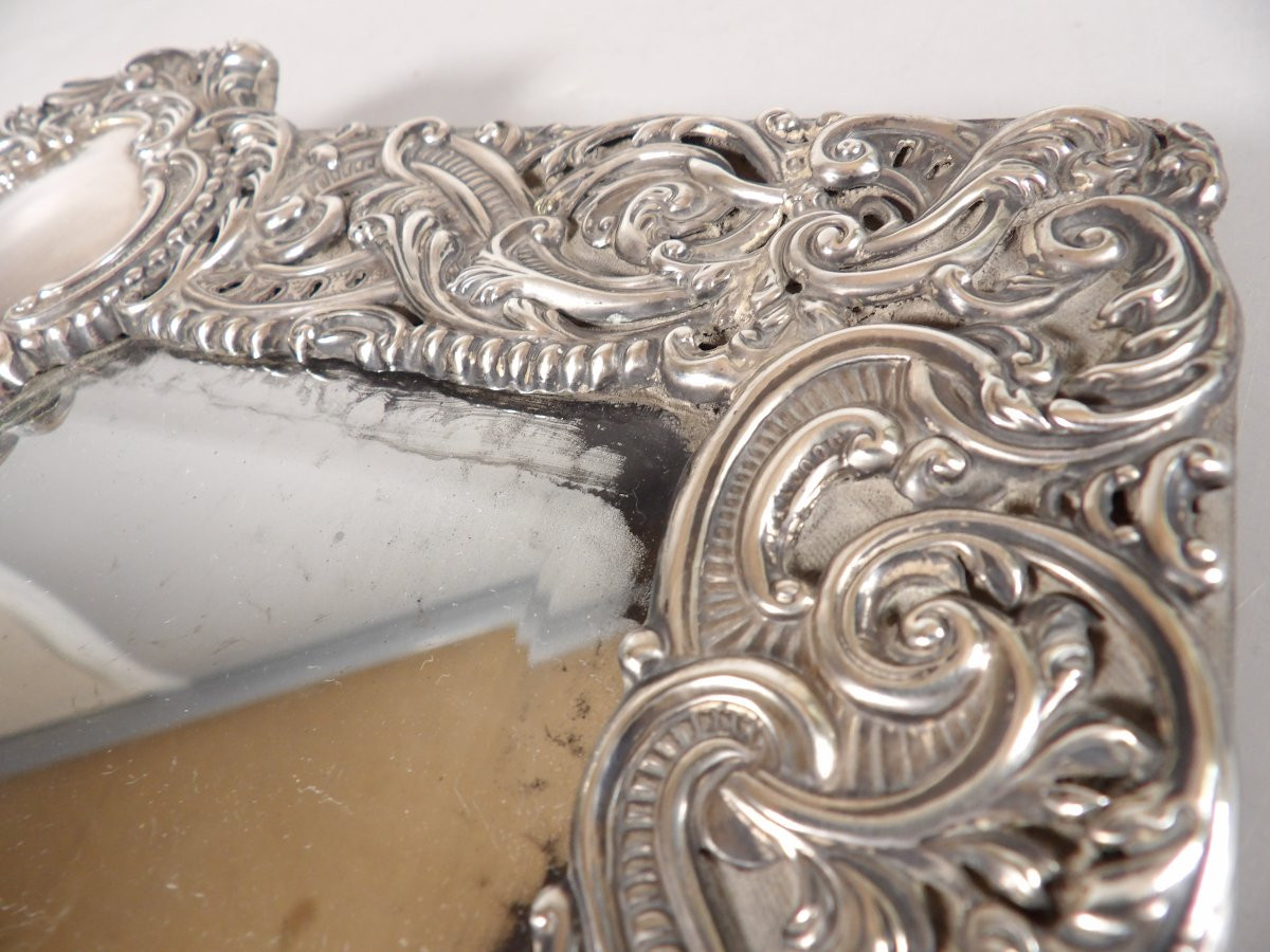 Large Victorian Style Mirror With Openwork And Repoussé Silver Frame-photo-7