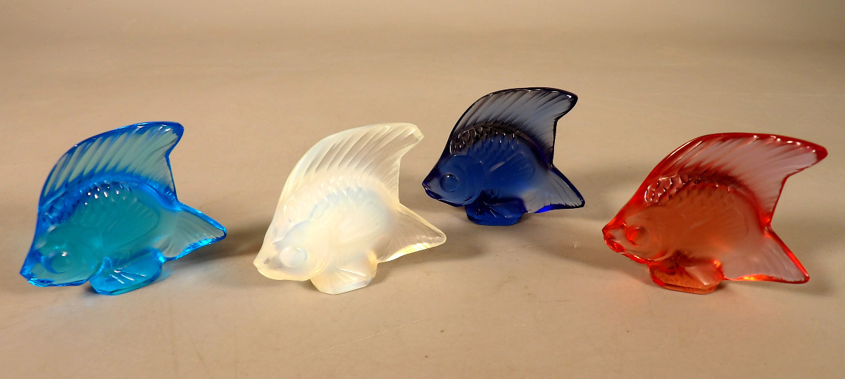 Ensemble de 4 Sculptures "Poisson" par René LALIQUE - Cristal Dépoli - LALIQUE FRANCE