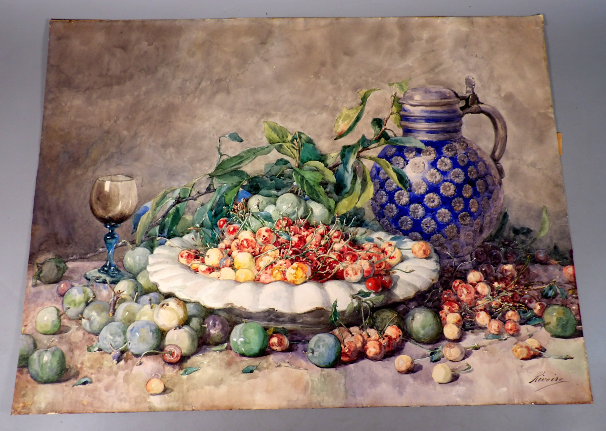 Watercolor Still Life On Embossed Paper Late 19th Century By François Rivoire (1842-1919)